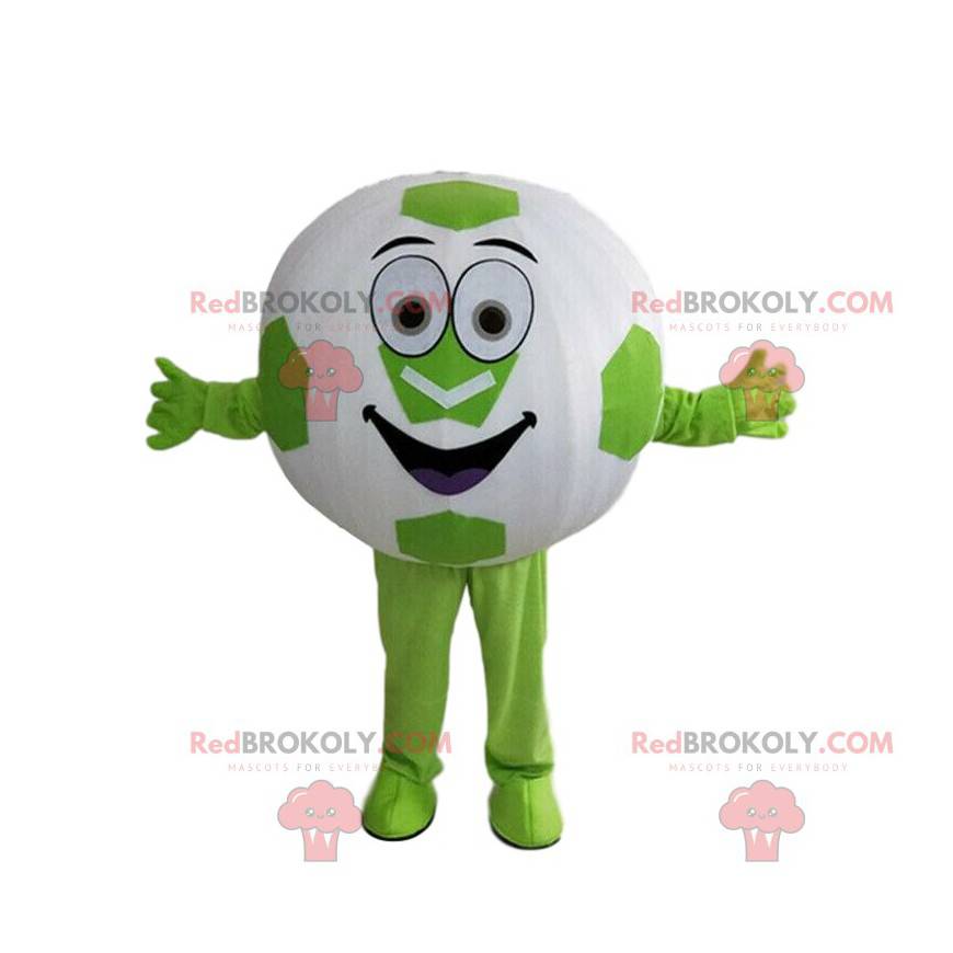Mascot pelota redonda, pelota de fútbol gigante verde y blanca