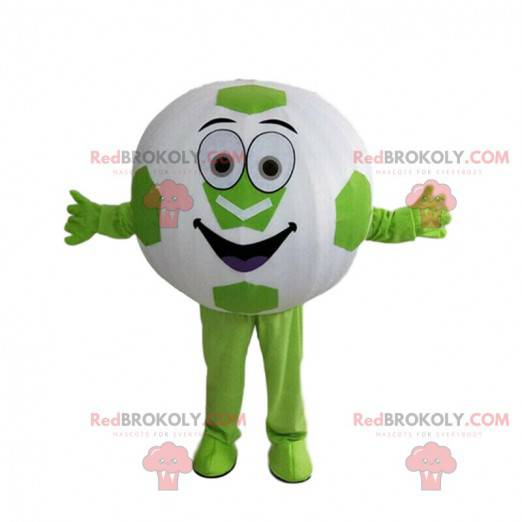 Mascot pelota redonda, pelota de fútbol gigante verde y blanca