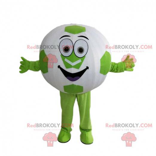 Mascotte de ballon rond, de ballon de foot vert et blanc géant