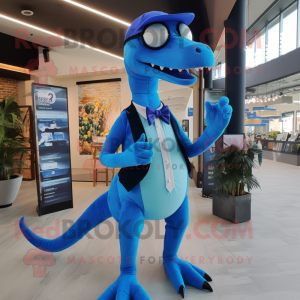 Blue Coelophysis mascot costume character dressed with a V-Neck Tee and Eyeglasses