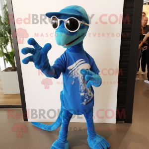 Blue Coelophysis mascot costume character dressed with a V-Neck Tee and Eyeglasses
