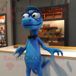 Blue Coelophysis mascot costume character dressed with a V-Neck Tee and Eyeglasses