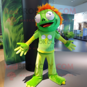 Lime Green Clown Fish mascot costume character dressed with a Flare Jeans and Anklets