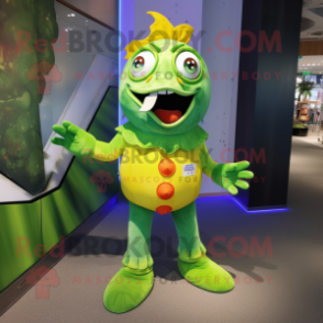 Lime Green Clown Fish mascot costume character dressed with a Flare Jeans and Anklets