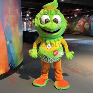 Lime Green Clown Fish mascot costume character dressed with a Flare Jeans and Anklets