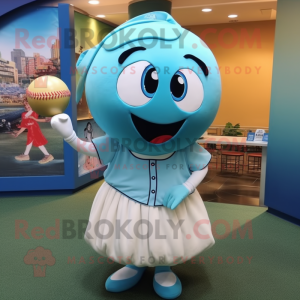 Cyan Baseball Ball mascot costume character dressed with a Pencil Skirt and Wraps