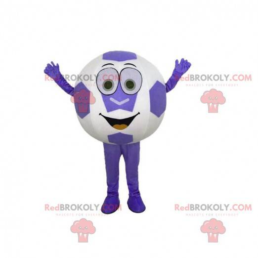 Mascotte de ballon rond, de ballon de foot violet et blanc