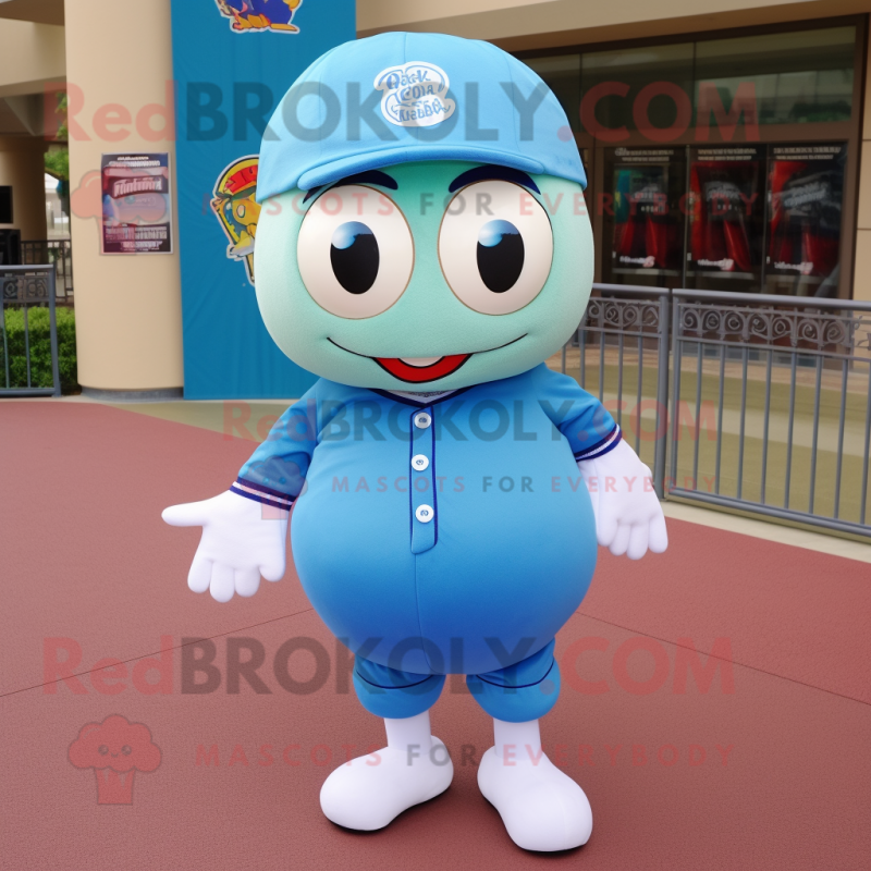 Cyan Baseball Ball mascot costume character dressed with a Pencil Skirt and Wraps Cyan Baseball Ball mascot costume character dressed with a Pencil Skirt and Wraps