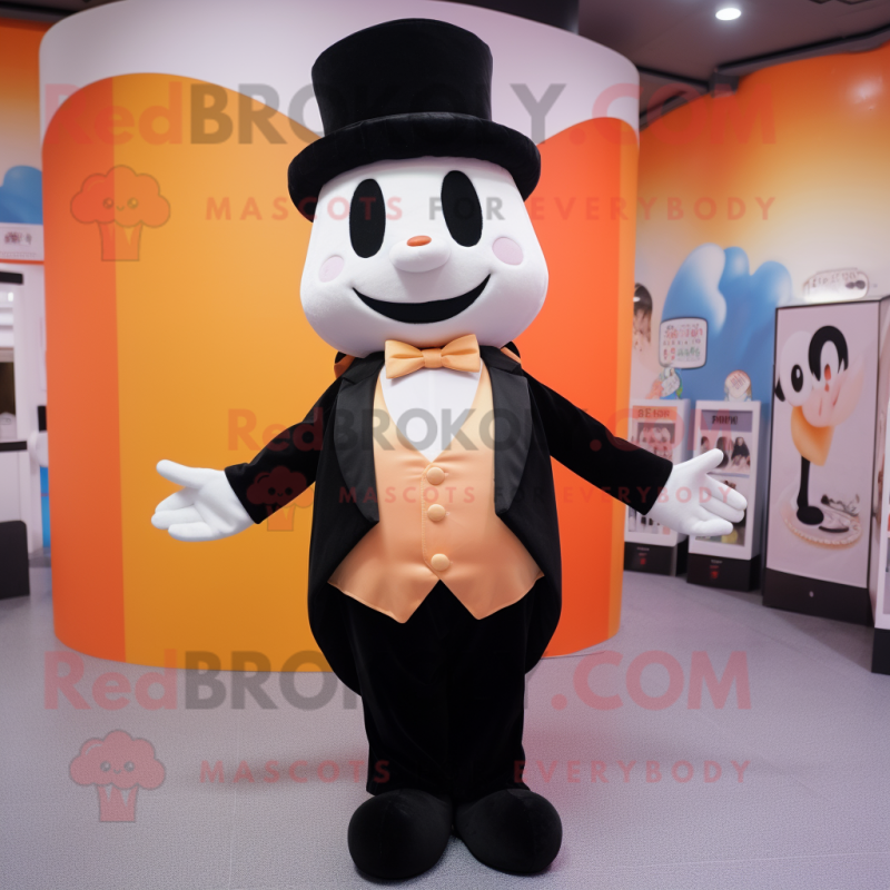 Peach Miso Soup mascot costume character dressed with a Tuxedo and Suspenders