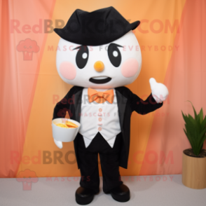 Peach Miso Soup mascot costume character dressed with a Tuxedo and Suspenders