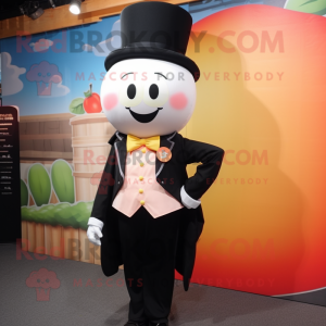 Peach Miso Soup mascot costume character dressed with a Tuxedo and Suspenders