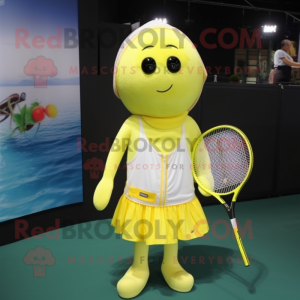 Lemon Yellow Tennis Racket mascot costume character dressed with a One-Piece Swimsuit and Shawl pins