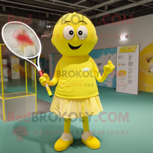 Lemon Yellow Tennis Racket mascot costume character dressed with a One-Piece Swimsuit and Shawl pins