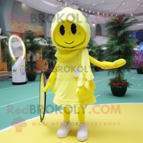 Lemon Yellow Tennis Racket mascot costume character dressed with a One-Piece Swimsuit and Shawl pins