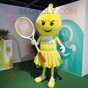 Lemon Yellow Tennis Racket mascot costume character dressed with a One-Piece Swimsuit and Shawl pins