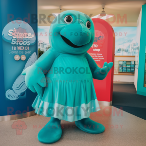 Teal Stellar'S Sea Cow mascot costume character dressed with a Shift Dress and Foot pads