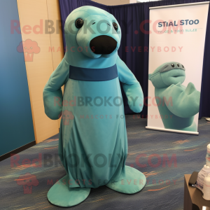 Teal Stellar'S Sea Cow mascot costume character dressed with a Shift Dress and Foot pads