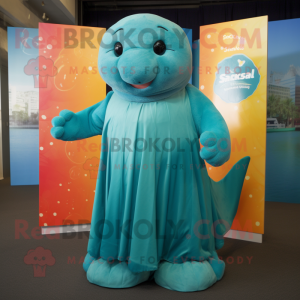 Teal Stellar'S Sea Cow mascot costume character dressed with a Shift Dress and Foot pads