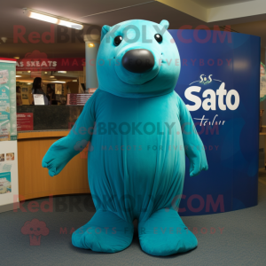 Teal Stellar'S Sea Cow mascot costume character dressed with a Shift Dress and Foot pads