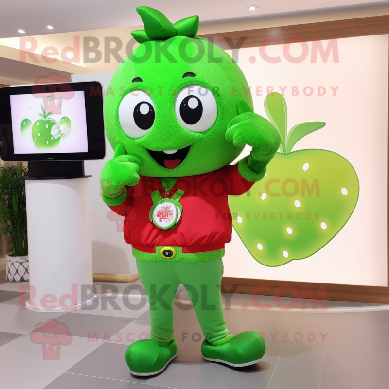Green Strawberry mascot costume character dressed with a Joggers and Bracelet watches