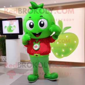 Green Strawberry mascot costume character dressed with a Joggers and Bracelet watches