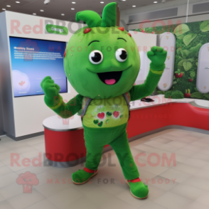 Green Strawberry mascot costume character dressed with a Joggers and Bracelet watches