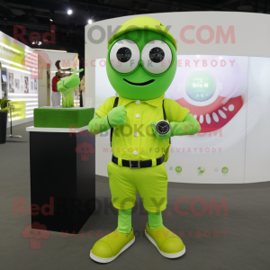 Lime Green Pho mascot costume character dressed with a Oxford Shirt and Smartwatches