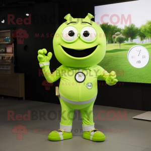 Lime Green Pho mascot costume character dressed with a Oxford Shirt and Smartwatches