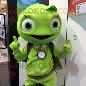 Lime Green Pho mascot costume character dressed with a Oxford Shirt and Smartwatches