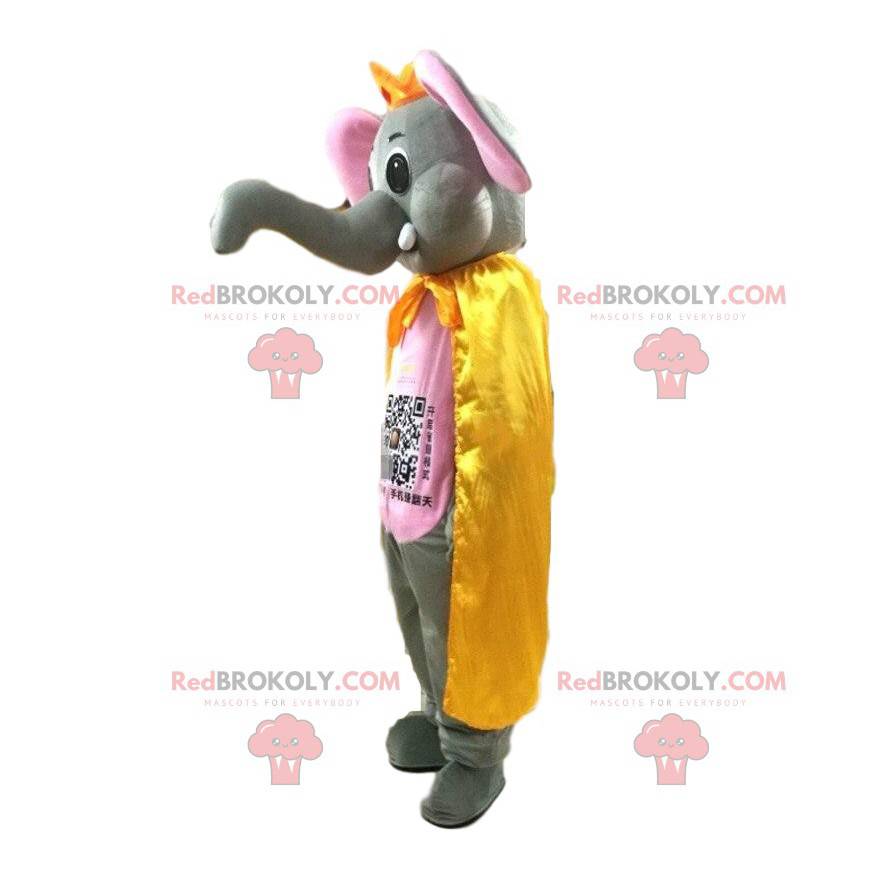 Grå og lyserød elefantmaskot med en stor bagagerum -