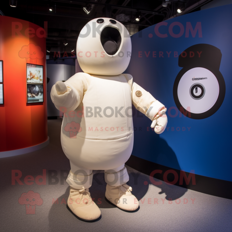 Cream Human Cannon Ball mascot costume character dressed with a Trousers and Watches Cream Human Cannon Ball mascot costume character dressed with a Trousers and Watches