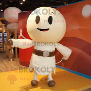 Cream Human Cannon Ball mascot costume character dressed with a Trousers and Watches