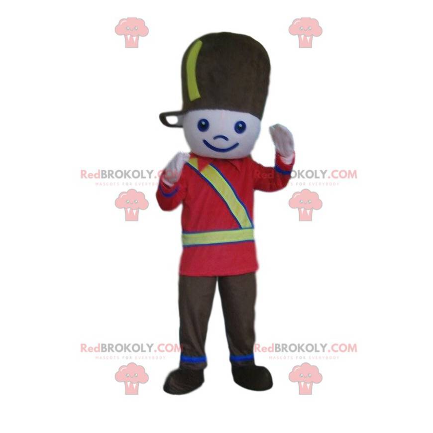Mascota de soldado, niño con uniforme de soldado negro y rojo -