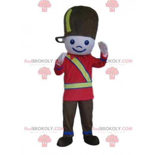 Mascota de soldado, niño con uniforme de soldado negro y rojo -