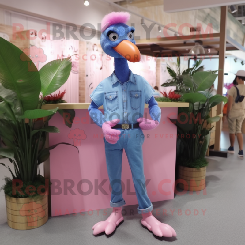 Lavender Flamingo mascot costume character dressed with a Denim Shirt and Shoe clips