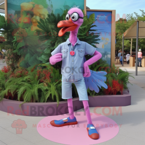 Lavender Flamingo mascot costume character dressed with a Denim Shirt and Shoe clips