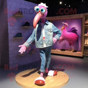 Lavender Flamingo mascot costume character dressed with a Denim Shirt and Shoe clips