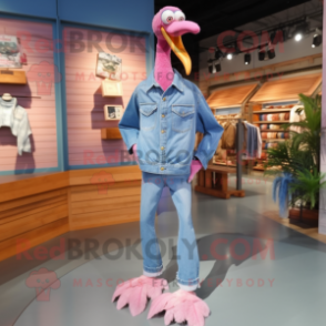 Lavender Flamingo mascot costume character dressed with a Denim Shirt and Shoe clips