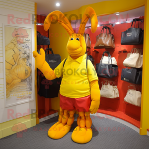 Yellow Lobster mascot costume character dressed with a Sweatshirt and Tote bags