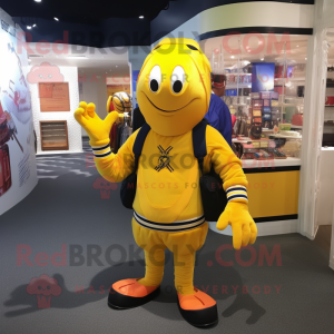 Yellow Lobster mascot costume character dressed with a Sweatshirt and Tote bags