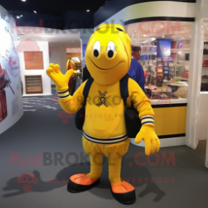 Yellow Lobster mascot costume character dressed with a Sweatshirt and Tote bags