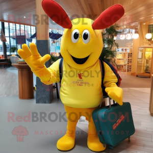 Yellow Lobster mascot costume character dressed with a Sweatshirt and Tote bags