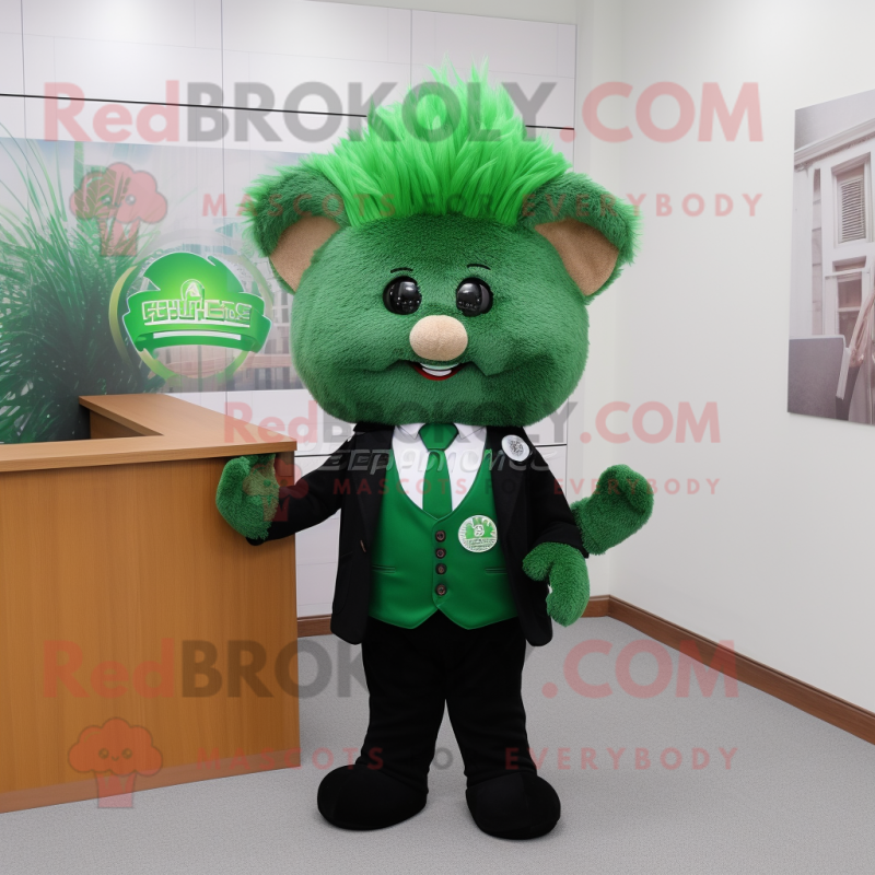 Forest Green Attorney mascot costume character dressed with a Vest and Hair clips Forest Green Attorney mascot costume character dressed with a Vest and Hair clips