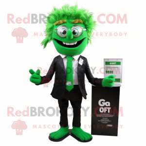 Forest Green Attorney mascot costume character dressed with a Vest and Hair clips