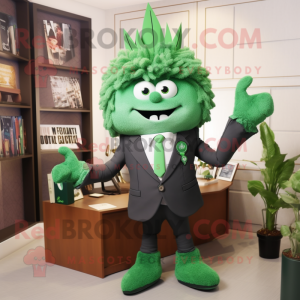 Forest Green Attorney mascot costume character dressed with a Vest and Hair clips