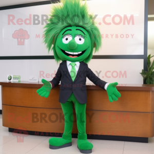 Forest Green Attorney mascot costume character dressed with a Vest and Hair clips