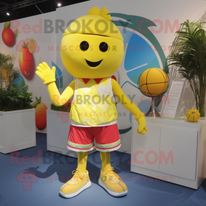 Lemon Yellow Raspberry mascot costume character dressed with a Shorts and Rings