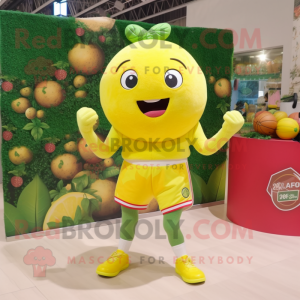 Lemon Yellow Raspberry mascot costume character dressed with a Shorts and Rings