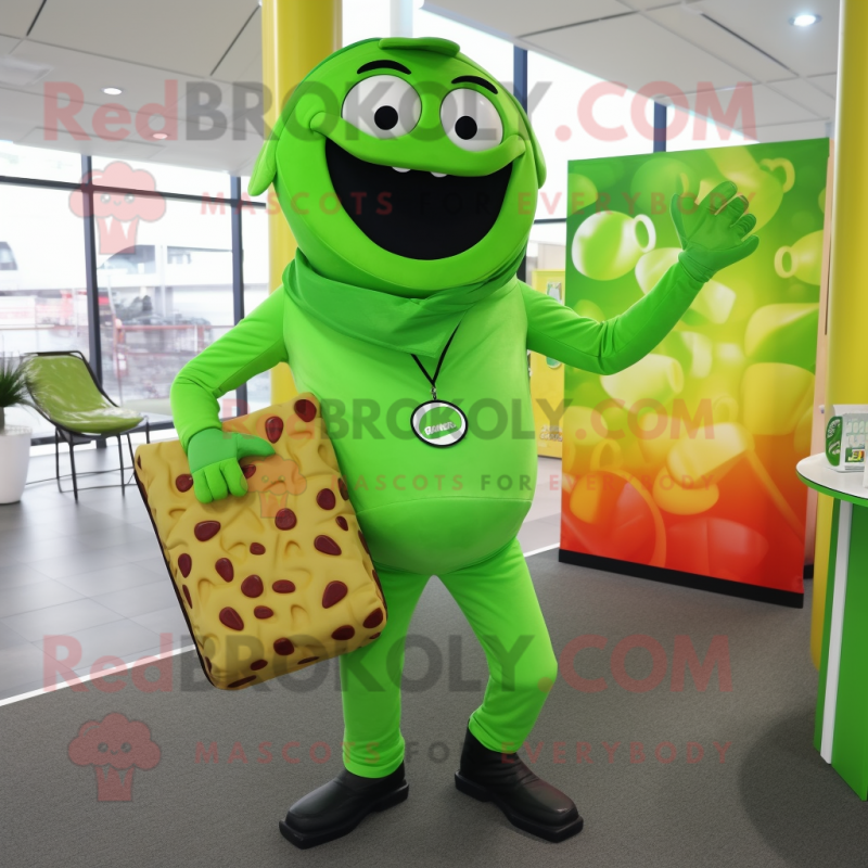 Lime Green Pizza mascot costume character dressed with a Trousers and Briefcases