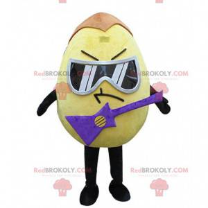 Mascota de huevo amarillo con gafas y una guitarra eléctrica -